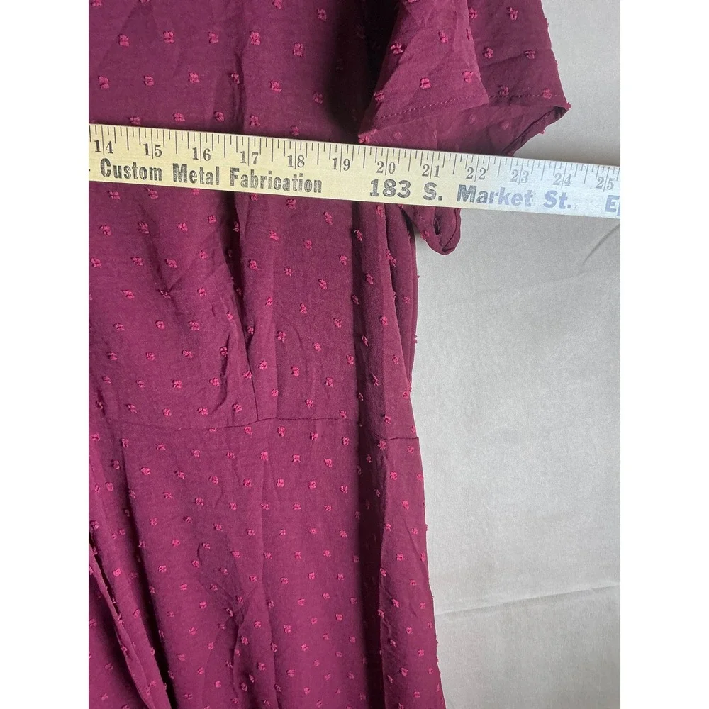 PrettyGarden Swiss Dot Maxi Dress Women Large Burgundy NWT Ruffle V-Neck Short
